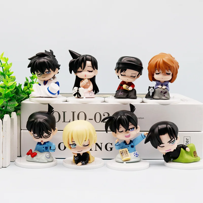 

8pcs/set Anime Detective Conan kawaii q-version sleeping position Action Figure PVC Model Toys doll Desk Decor Collectible Gifts