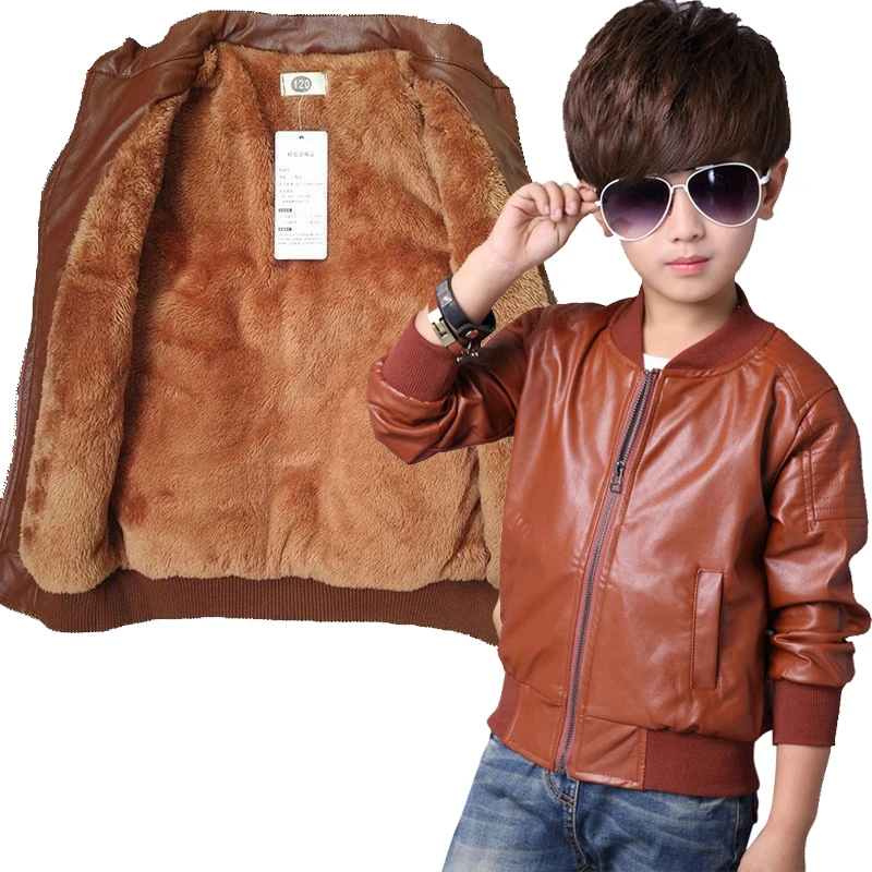 2-14 Years Boys Winter Plus Velvet Thicken PU Jackets Fashion Kids Clothing New Children's Warm Zipper Plush Leather Coats