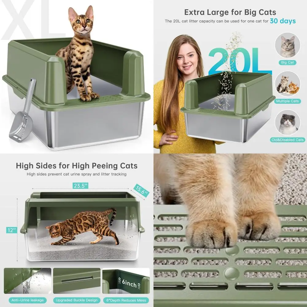 

Extra Large Stainless Steel Cat Litter Box with Lid, High-Sided Metal Pan for Big Cats, XL Litter Box with Absorbent-Free Design