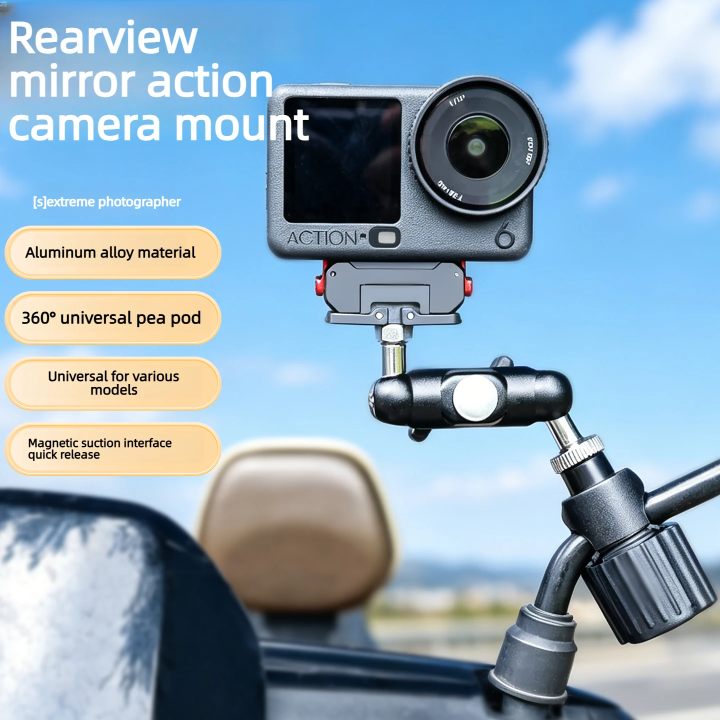 Universal Sturdy Action Camera Stand 360° Rotating Black Adjustable Rearview Mirror Camera Bracket Holder for Action Cameras