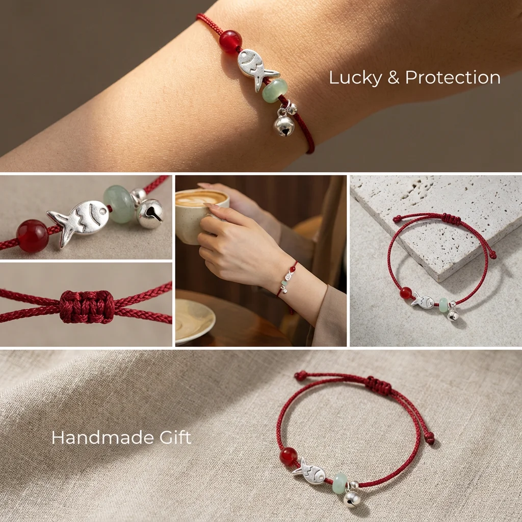 Minimalistisches Zartes Rotes Schnur-Armband für Frauen Niedliches Kleines Fischchen Rote Perle Verstellbares Wasserfestes Freundschaftsarmband Schmuckgeschenk – Detail 3