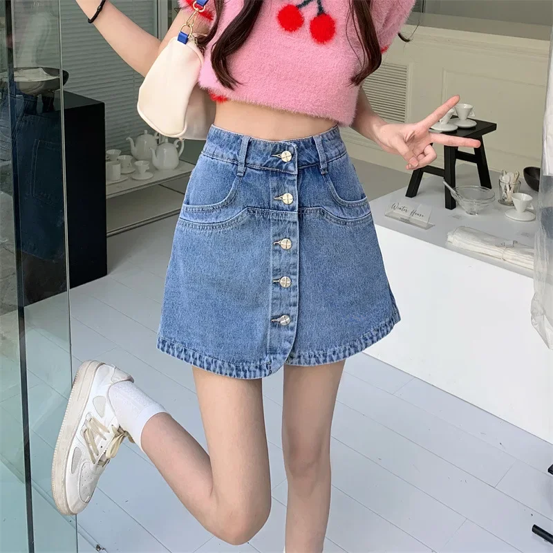 2023 Summer New Denim Skirt Women's High-Waisted A- Line Short Skirt Petite Suit Style Bottoming Short Length Casual Wear