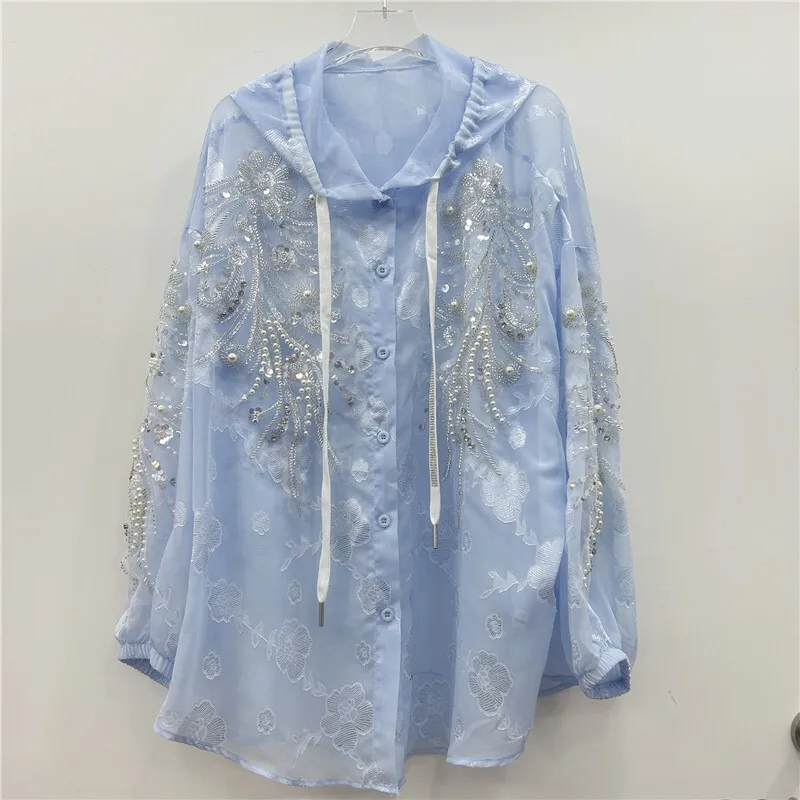 WTHT Mode Dames Zware Industy Kralen Pailletten Print Shirts Trendy Single-breasted Blouses Met Capuchon Vrouwelijke 2025, Zomer 1LS1721