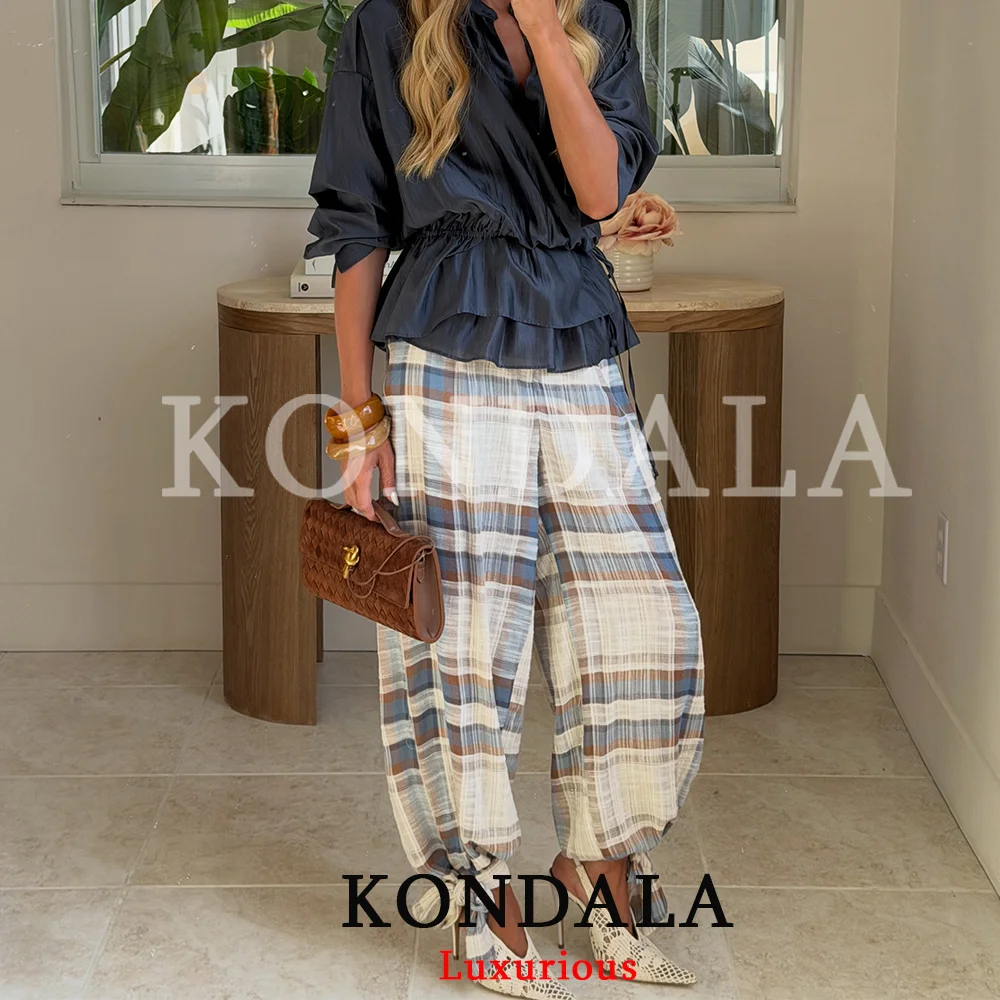 KONDALA Vintage Karierte Damenhose mit Taschen und Bindebändern, Urlaubshose für Damen, Mode 2026 Herbst, Lässige Damenhose mit weitem Bein – Detail 2