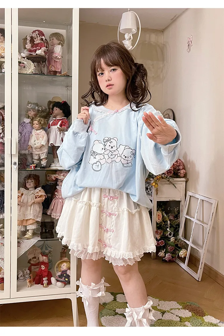 Sweet Panda Print New Chinese Frog Button Hoodie Kawaii Lolita Sweatshirt Women's Loose Pullover Long Sleeve Top