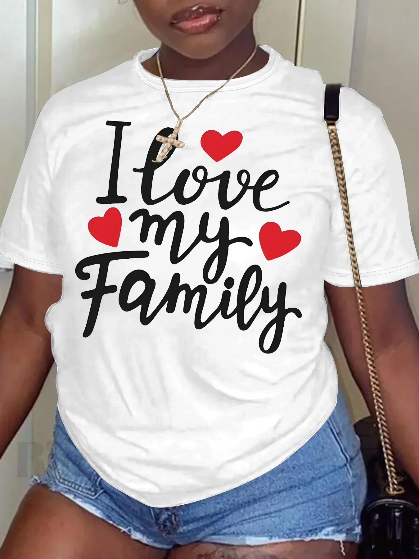 T-shirt à manches courtes et col rond pour femme, haut décontracté, avec lettres imprimées, I Love My Family, grande taille, Y2K, été