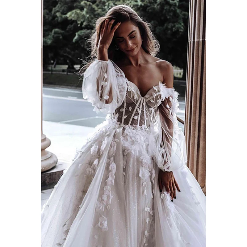 

KSDN White Wedding Dress Women Sweetheart A-Line Appliques Long Sleeve Floor Length Chapel Train Elegant Brida robes de mariée