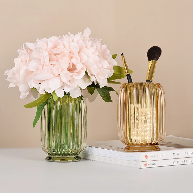 

Luxury Glass Storage Bucket Clear Pen Holders Cup Makeup Brush Container Home Desktop Flower Vase Organizer Decoration