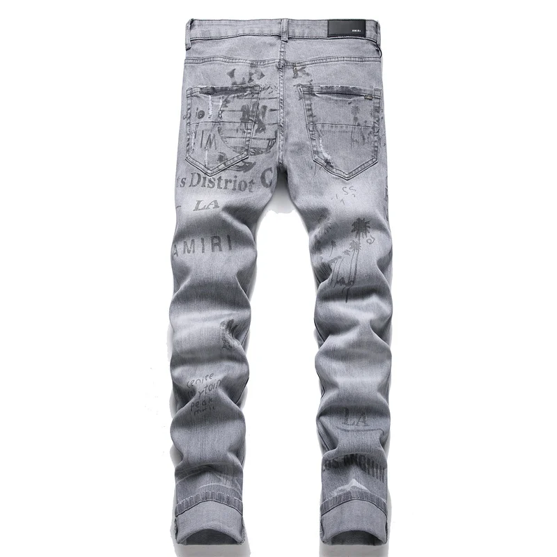 2024 High-end personalized design torn gray letter print Skinny stretch small leg men's jeans hip-hop street denim pants