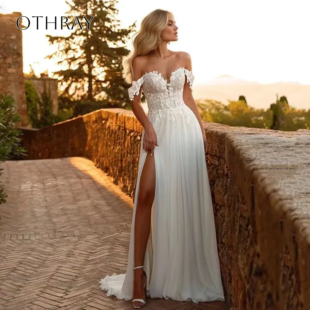 Off Shoulder Lace A-line Bridal Wedding Gown Split Chiffon Sweep Train Customized свадебное платье