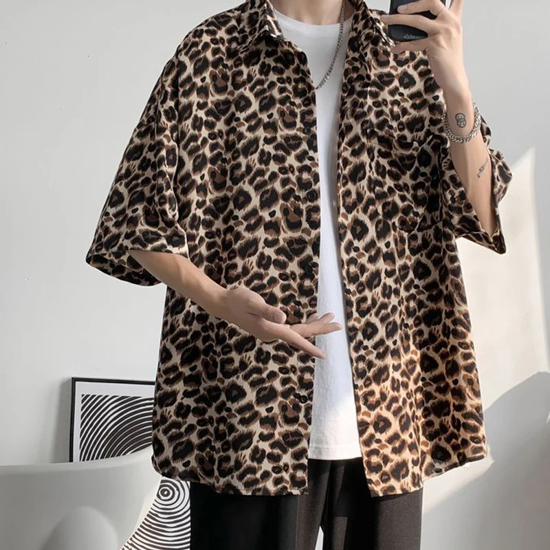 Fashion Casual Streetwear Korean Leopard Loose Button Handsome Shirts Spring Summer Thin Men\'s Clothing Turn-down Collar Tops