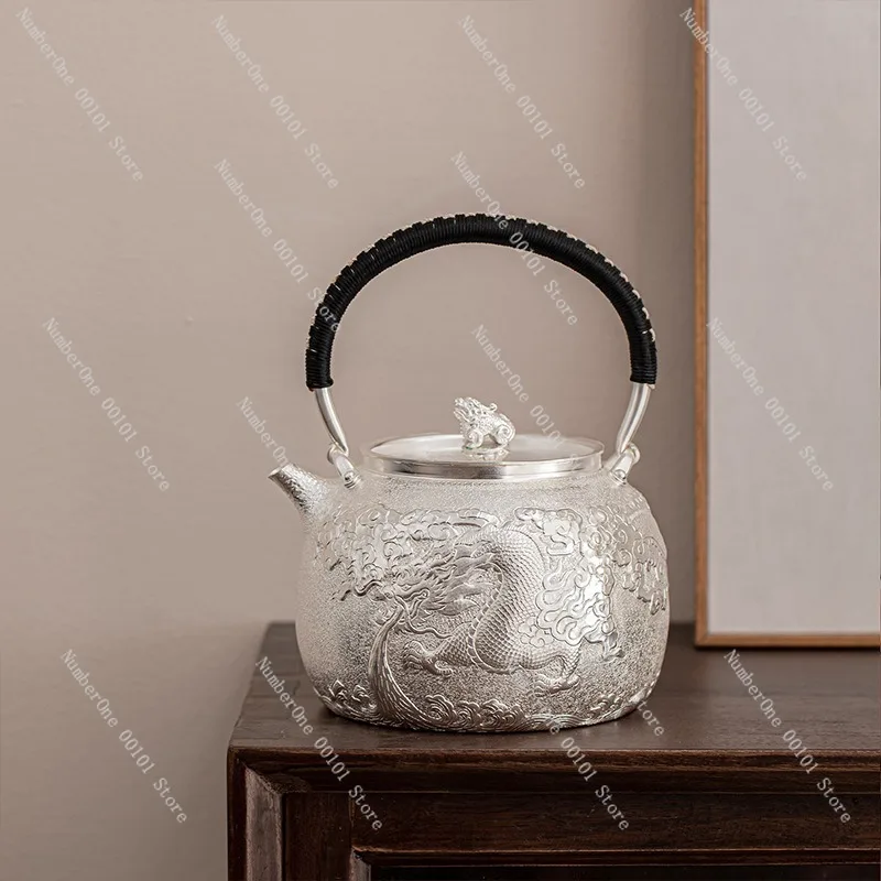 1.2L Pure Titanium Hammered Tea Kettle Antique Tang Song Style Silver Tone Copperware Look Arched Handle Boiling Water Pot Home