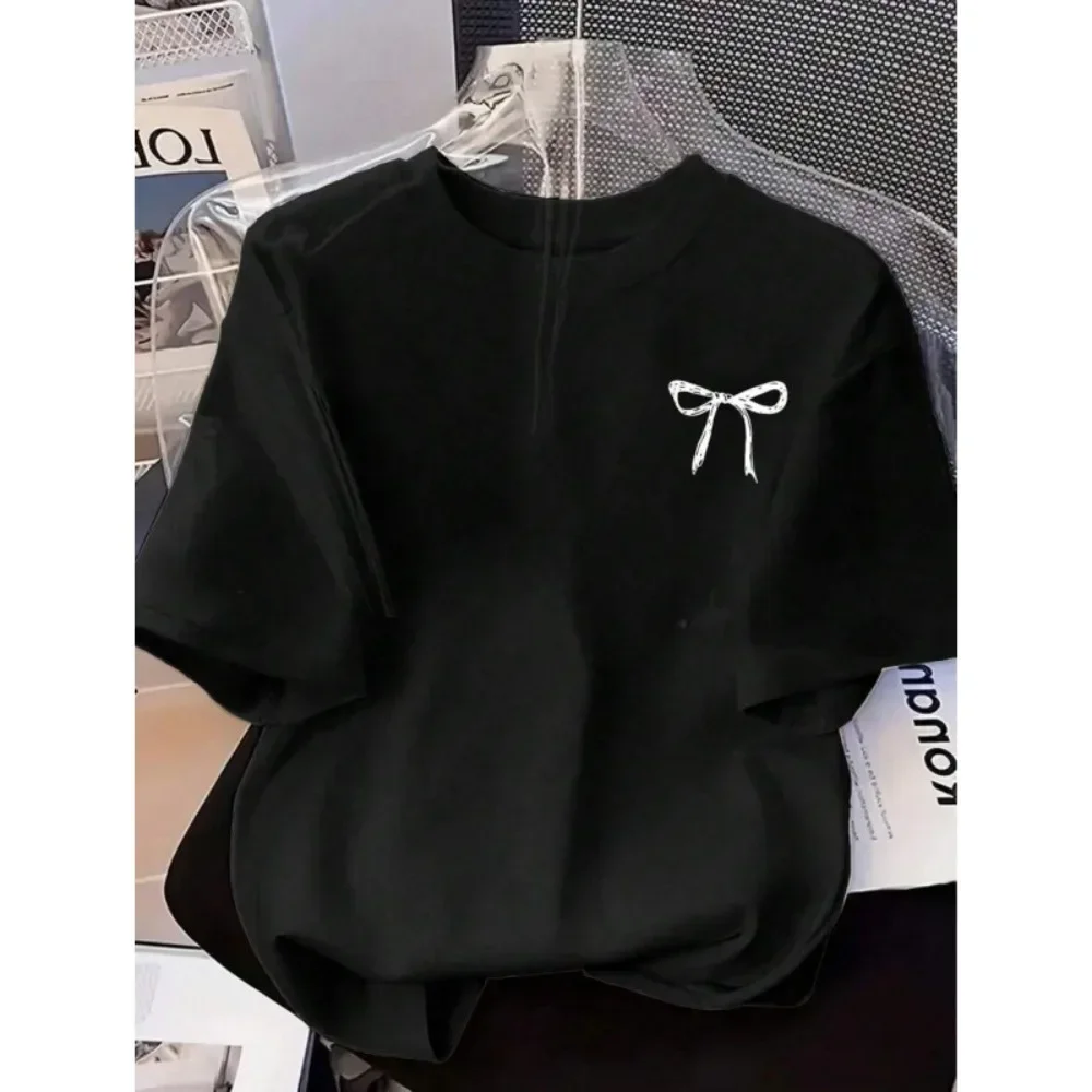 Women Korean Style Elegant Bow Print Pure Cotton Short Sleeve T Shirt Casual Soft Breathable Flattering Comfy Versatile New