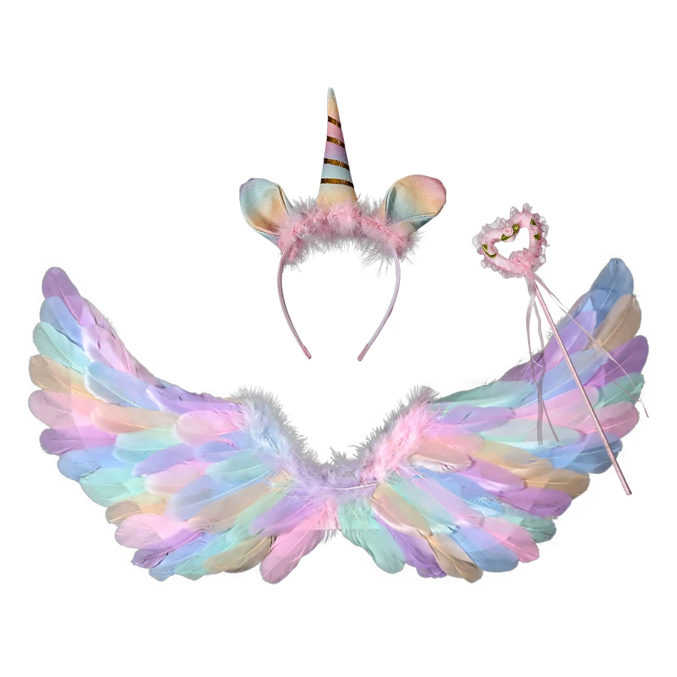 Children Feather Angel Devil Wings Magic Wand Set Girls Angel Wings Party Halloween Stage Performances Props Kids Accessories