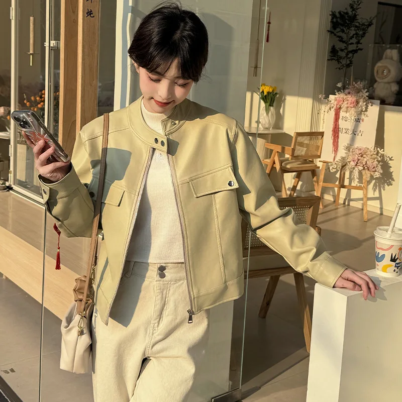Women Faux Leather Coats Solid Jackets Zipper Pocket Stand Collar Long Sleeves Loose Fit Casual Streetwear 2026 Spring Autumn