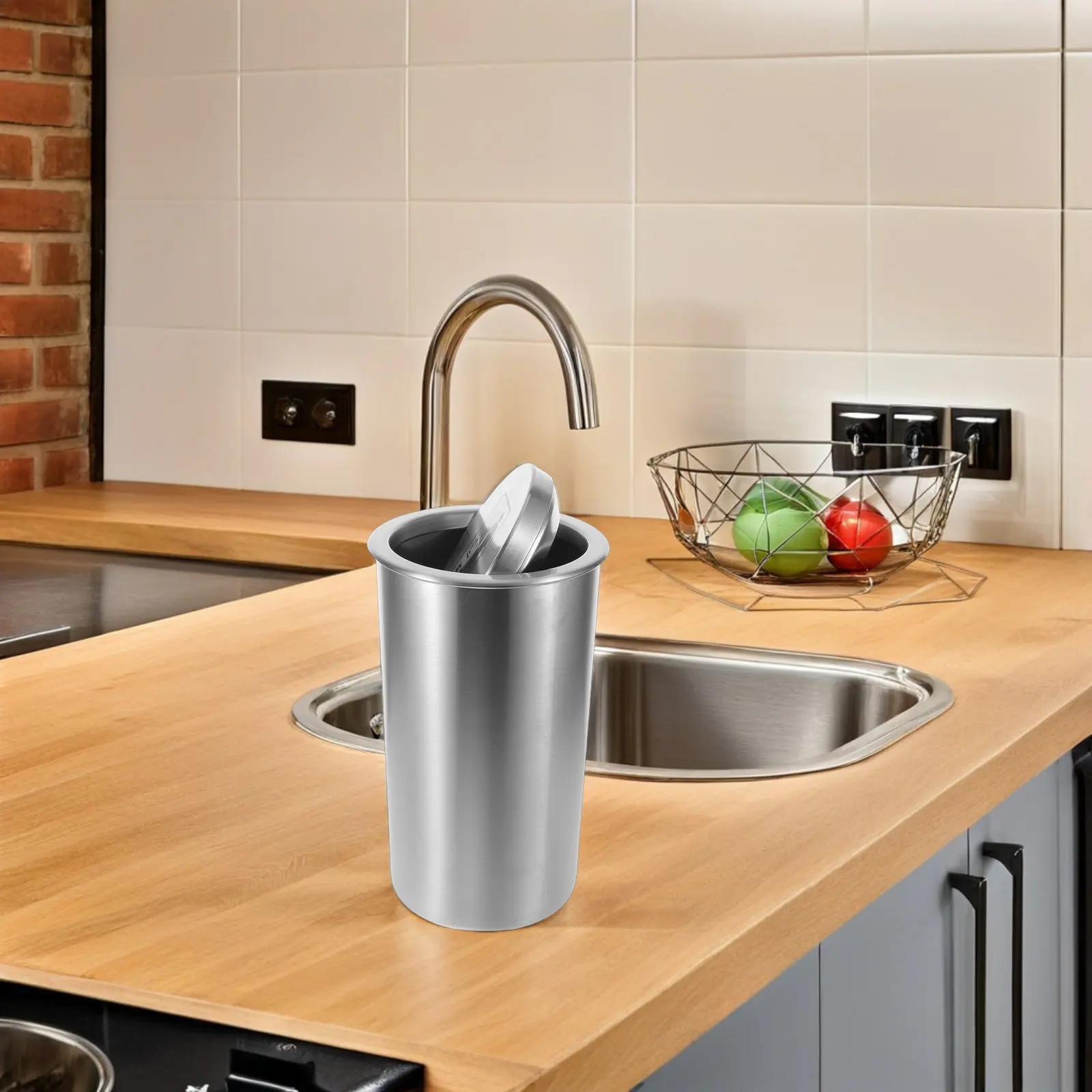 

Stainless Steel Embedded Trash Bin Swing Lid Drop-in Counter Trash Can Kitchen Cabinet Built-in Waste Basket Countertop Recessed