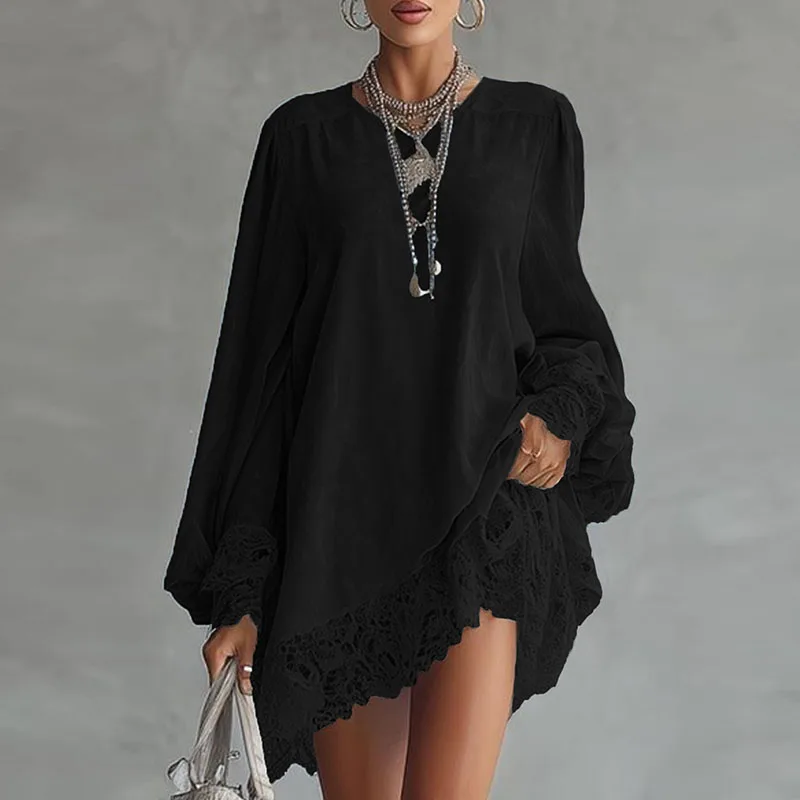 Abito da donna sexy con scollo a V patchwork in pizzo Abito da festa primaverile elegante solido allentato Mini abito autunno manica lunga A-Line Boho Dress Vestidos