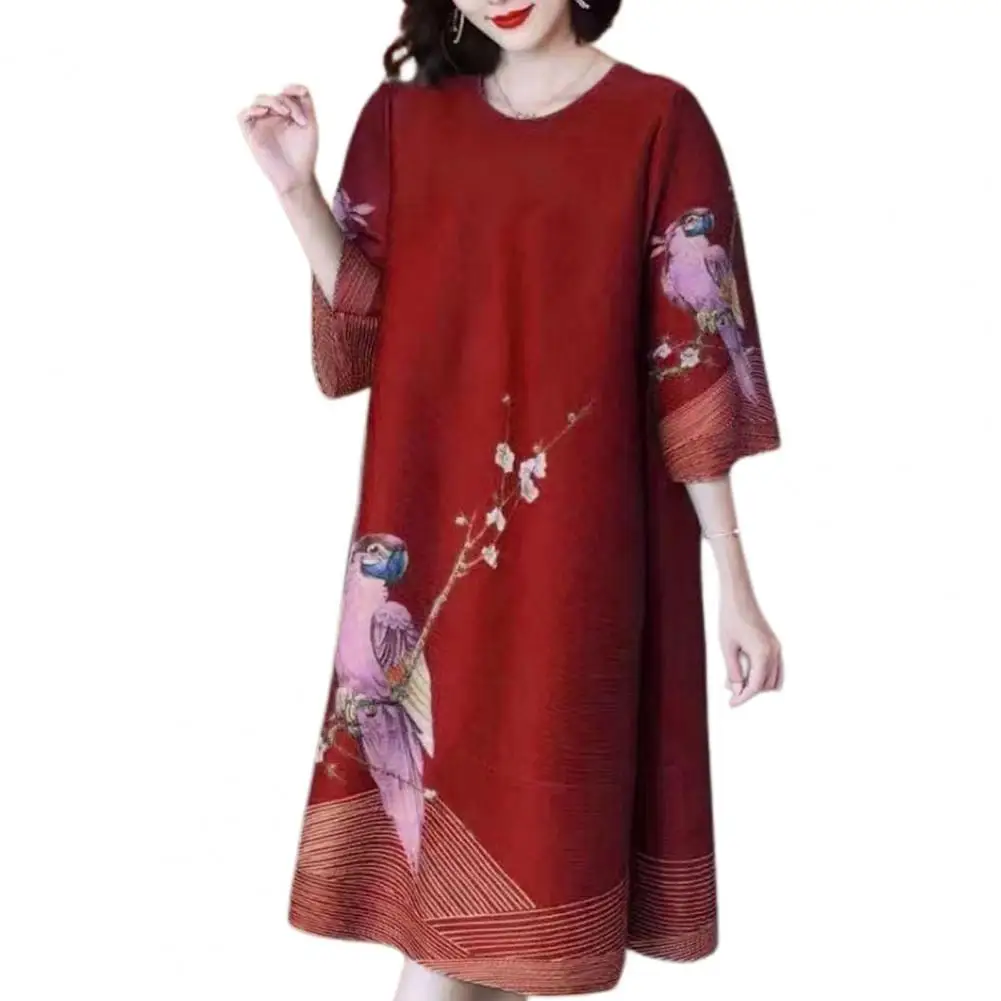 

O Neck Summer Dress Women Dress Stylish Parrot Print Midi Dress for Women Retro Three Quarter Sleeve Office Party Loose Fit Knee