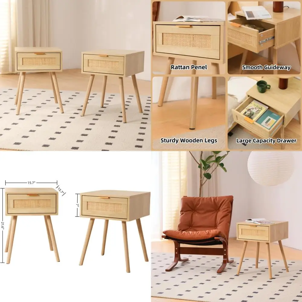 زوج من طاولات الليل الروطان، طاولات جانبية على الطراز البوهيمي مع أدراج، تصميم حديث لمنتصف القرن، طاولات خشبية ذات أطراف أرجل لغرفة النوم