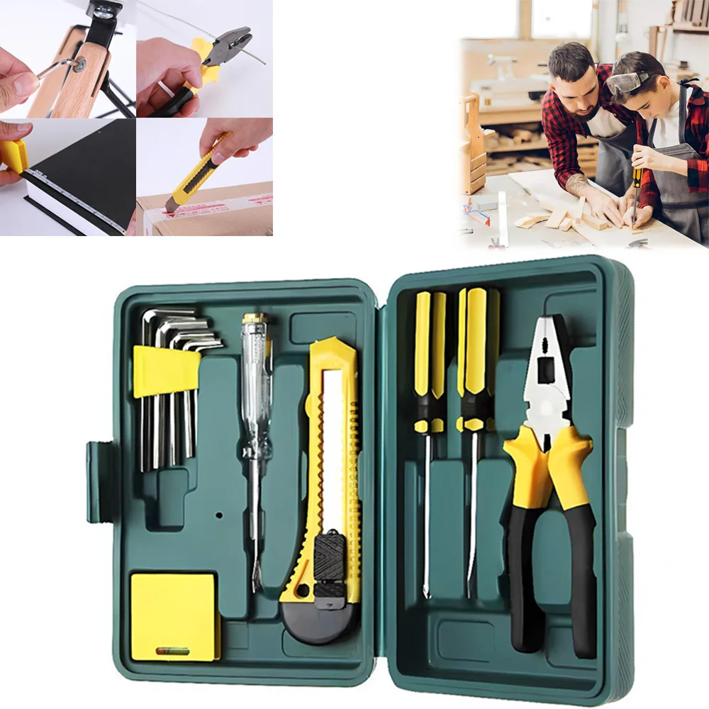 12Pcs Tool Set General Household Hand Tool Kit with Plastic Toolbox Storage Case Basic House DIY Tool Kit Set for Home Garage