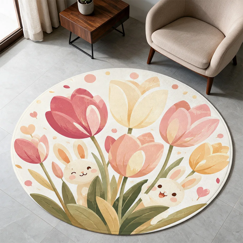 Cute Cartoon Tulip Floral Round Area Rug for Living Room Nursery Kids Play Mat Soft Home Decor