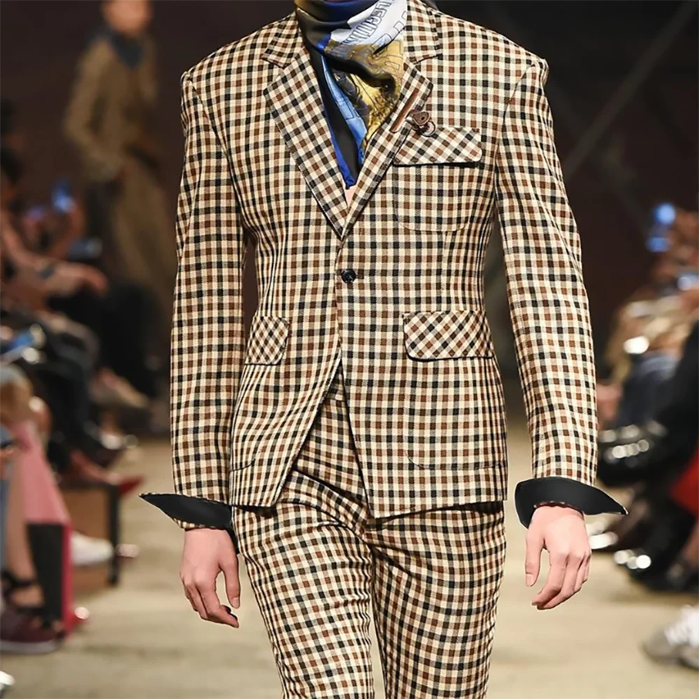 

Men's Plaid Suits 2 Piece(Jacket+Pants) Single Button Notch Lapel Set Young Fashion Groom Wedding Blazer Stand Out Party Uniform