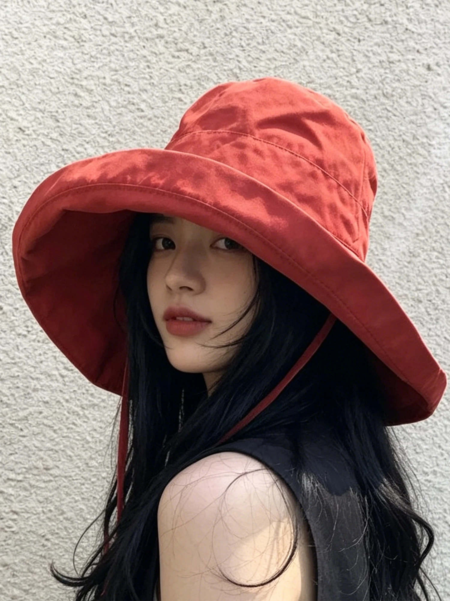 2026-new-red-wide-brim-fishing-cap-women's-sunscreen-uv-protection-face-covering-hat-summer-spring-season-adjustable-size