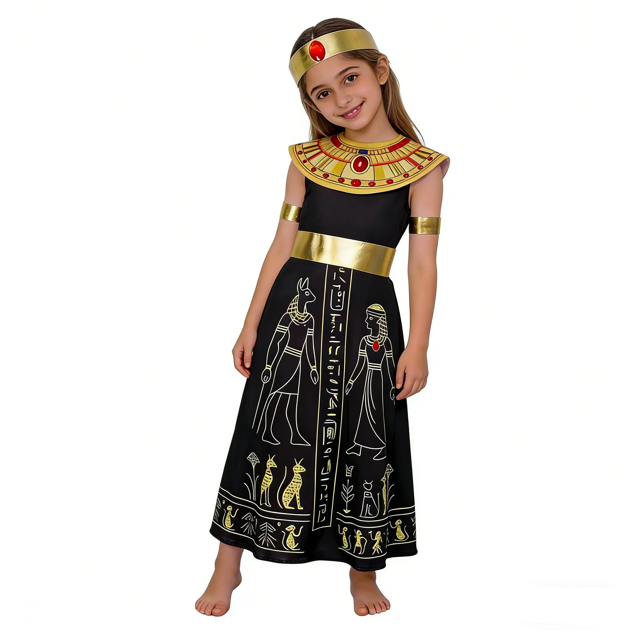 

Girls Halloween Carnival Egyptian Cleopatra Queen Cosplay Costume Sleeveless Dress with Neckwear Belt Wrist Bands Headband Set