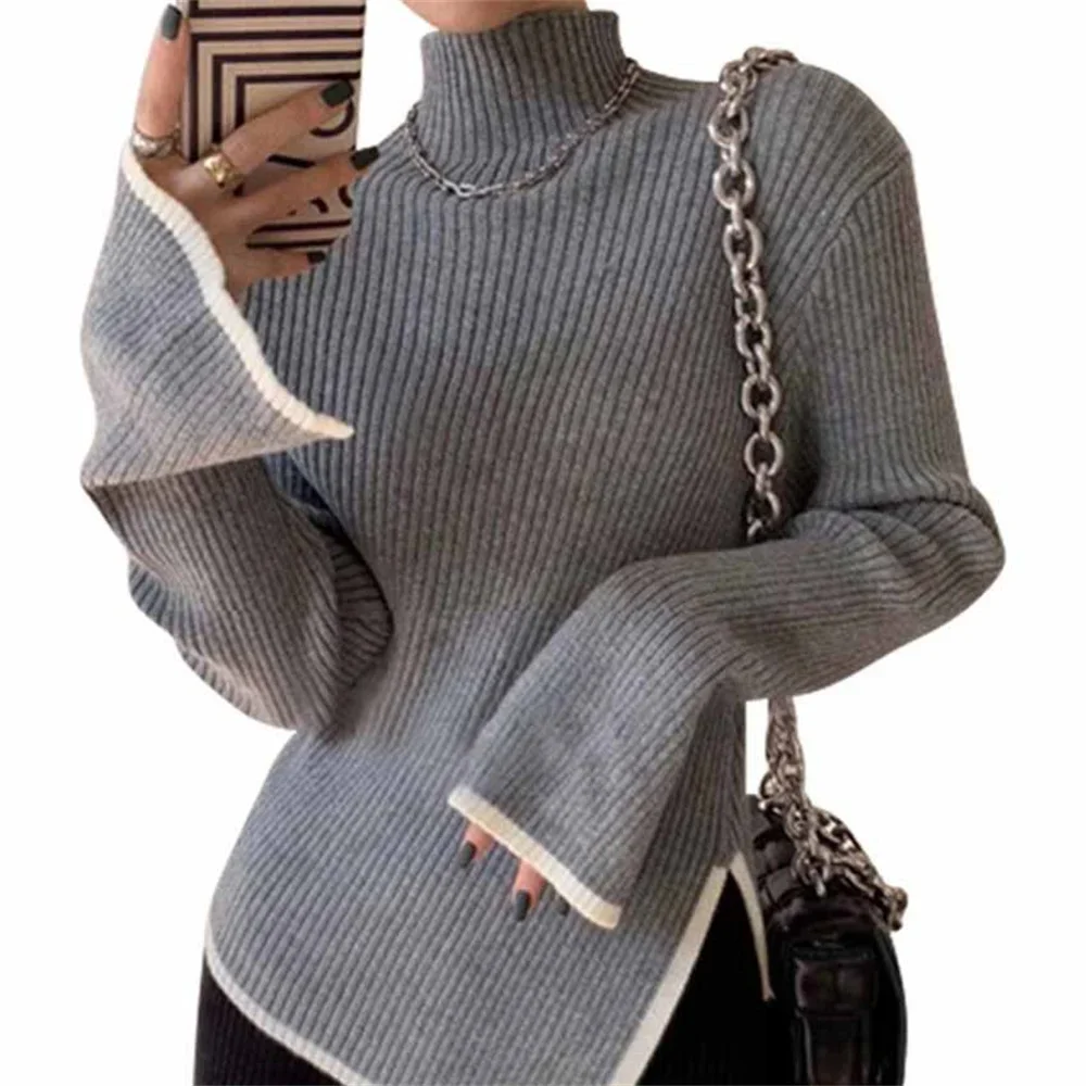 Contrasting Colors Slim Woman Sweater Pullover Turtleneck Flare Sleeve Jumper Autumn Winter Side Slit Elegant Chic Knitted Top