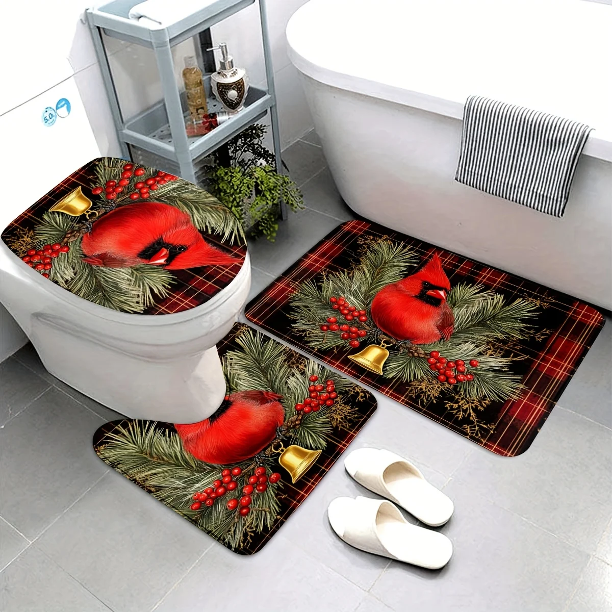 

3pcs Christmas Cardinal Plaid Carpet Set, Non-slip Washable Flannel Floor Mats, including a bathroom mat, U-shaped mat, and toil