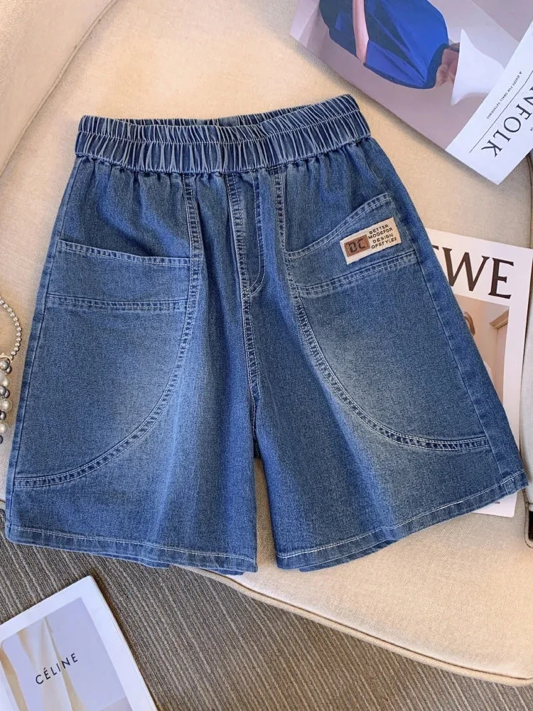 Plus Size Women's Denim Shorts 2024 Summer New Thin Retro Style Elastic Waist Solid High Waist Loose Wide Leg Pants Shorts Women