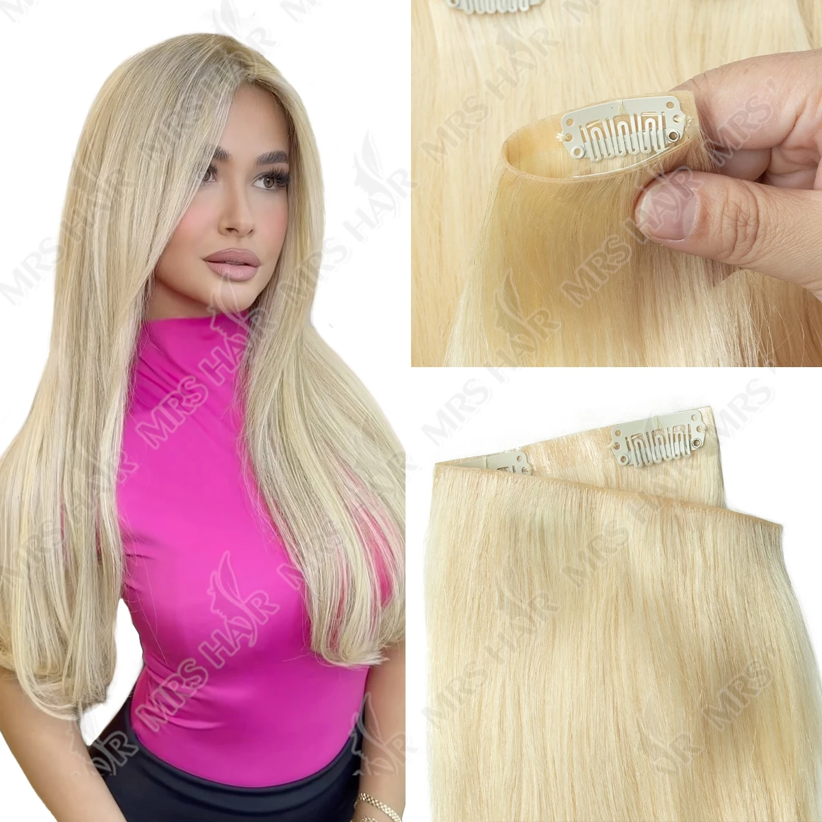 Blonde Invisible Clip In Hair Extensions Human Hair Machine Remy Injected PU Clip On Hair 7Pcs 12
