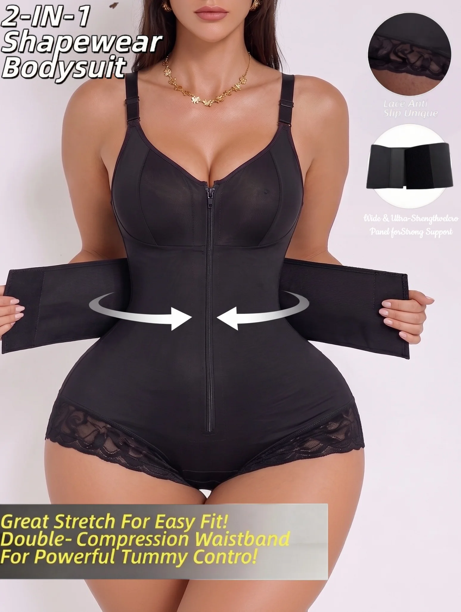 Adjustable Dual-Shaping 2-in-1 Bodysuit with Non-Slip Lace Trim And Hook-And-Eye Crotch Design Women's Shapewear Bodysuit