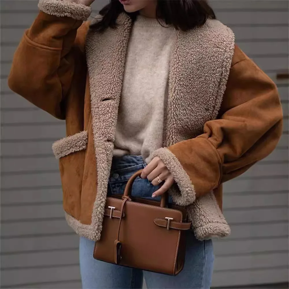 Women Lapel Lamb Wool Patchwork Coat Casual Button with Pocket Thickened Jacket 2024 Autumn Winter New Lady Retro Outerwear