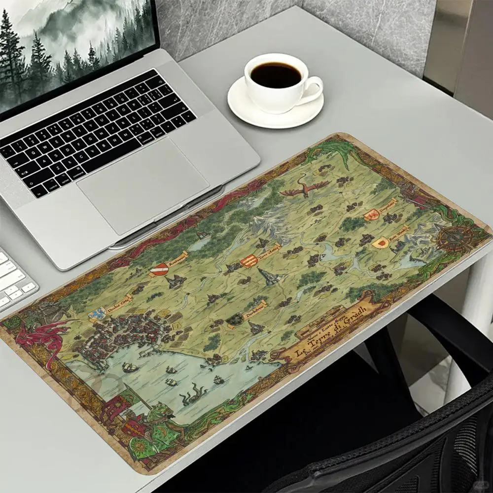 Retro Fantasy World Map Vintage XXL Mouse Pad Non Slip Rubber Base HD Print Oversized Desk Mat for Adventure Gamer Desktop