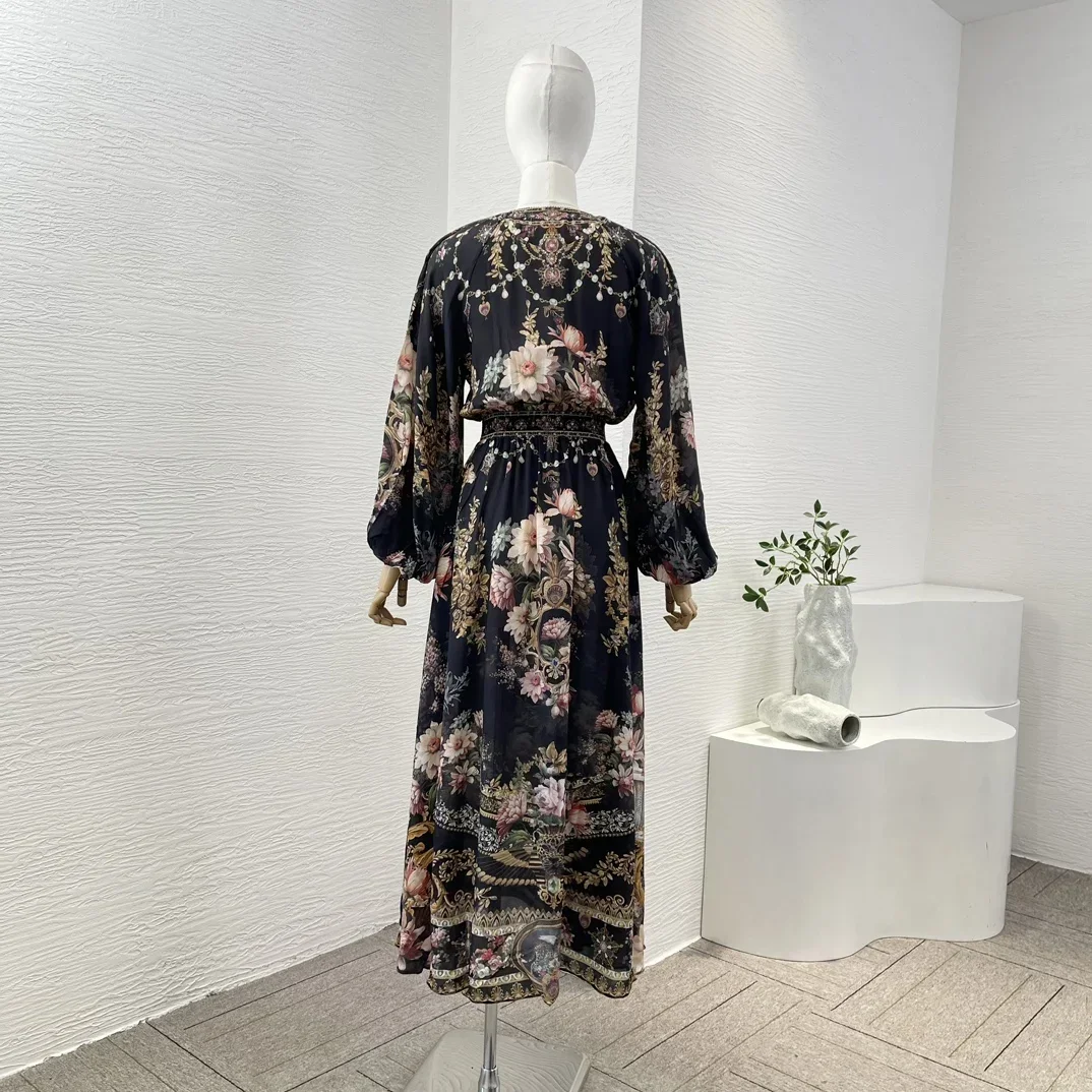 Black Floral Print Women Full Lantern Sleeve Shirred V-neck High Quality Silk Midi Dress for Holiday 2024 New Arrival