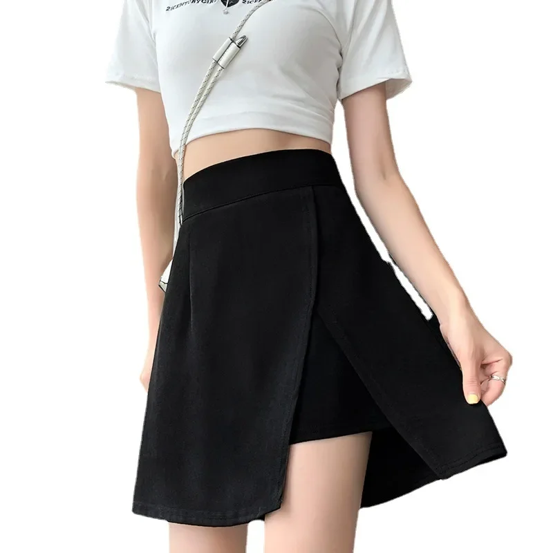 2024 New Women Summer High Waist A-Line Split Front Asymmetrical Mini Suit Skirt with Inner Shorts Back Flared Hem Casual Office