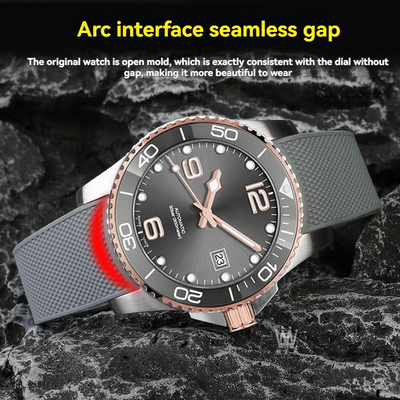 For Longines HydroConquest L3.781/642/742/782 21mm Blue Silicone Dive Watch Band - Curved End Rubber Strap Replacement