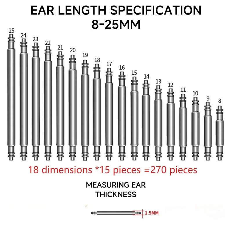 270pcs/set Strainless Steel Spring Bars Dia 1.5mm length8mm - 25mm/ Watchband Strap Belt Watch Repair Tools Pin image 3