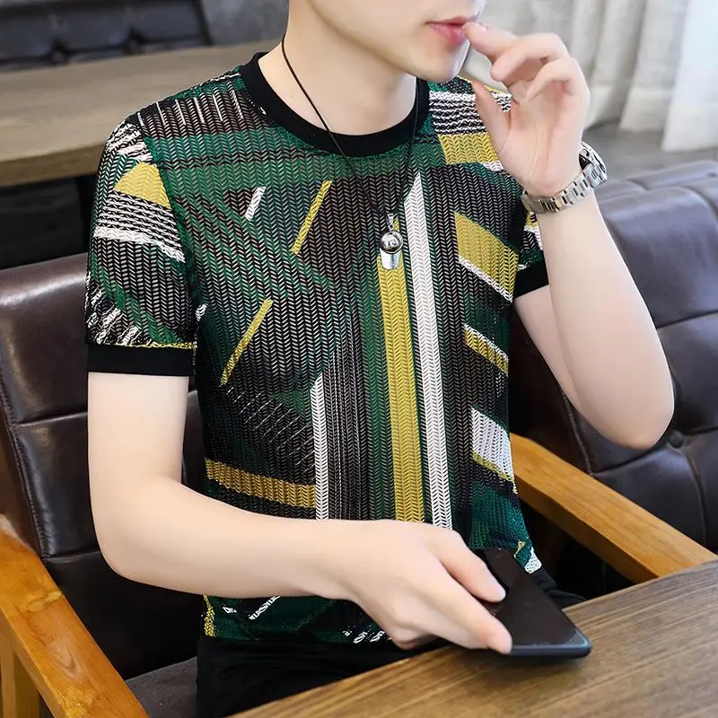 Vintage Printed Spliced Hollow Out Striped T-Shirt Men Clothing 2023 Summer New Oversized Casual Pullovers Top Sorean Tee Shirt