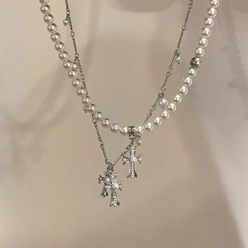 Moda pérola cruz dupla camada empilhados colar para mulheres charme criativo strass cruz colar na moda y2k menina acessório
