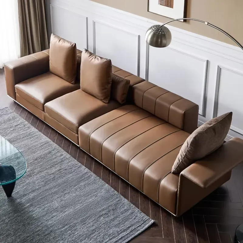 Italian Light Luxury Simple Piano Key Combination Sofa Set Top Grain Leather Corner Large Flat Villa Living Room