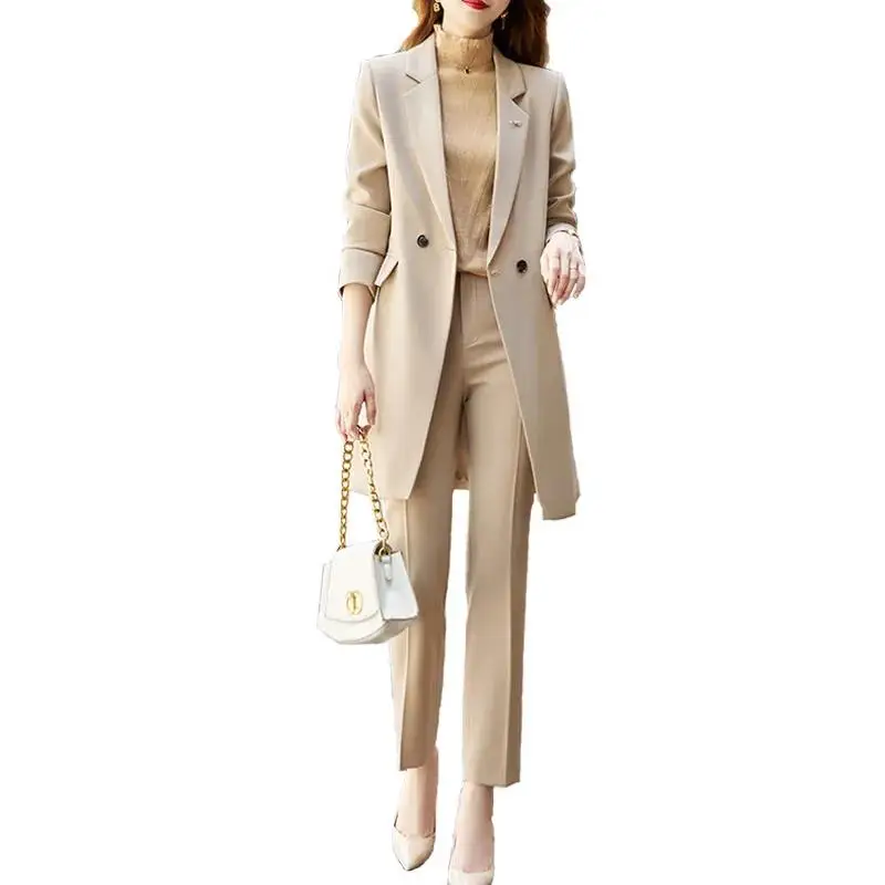 High End Office Professional Women\'s Blazer Pants 2-Piece Set Fall Fashion Long Female Jacket Over Business Suit Casual Trousers