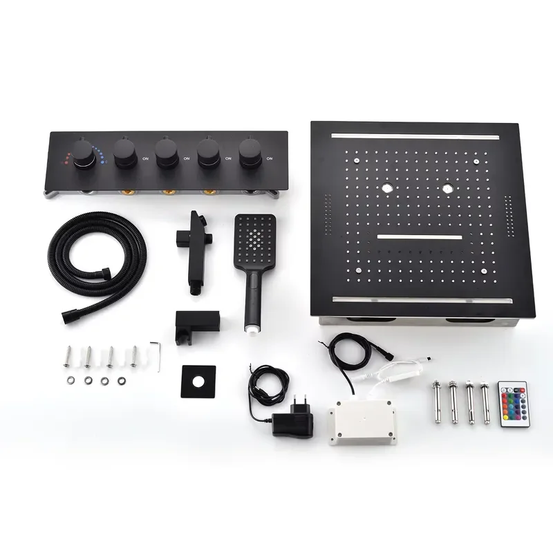 Music Shower Faucets 16'' Ceiling LED Electric Shower Black Thermostatic Valve 4 Functions Rainfall Mist Waterfall view 6