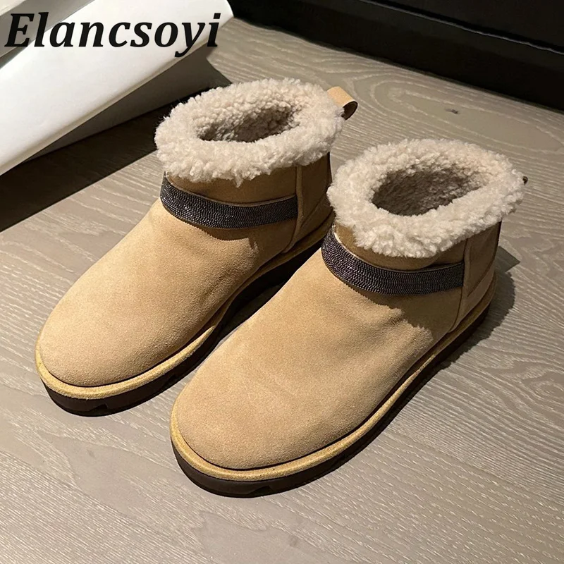 Round Toe Cow Suede Thick Soled Metal Bead Short Boots Women's  Wool Lined Warm Snow Boots Female Winter Anti Slip Ankle Botas