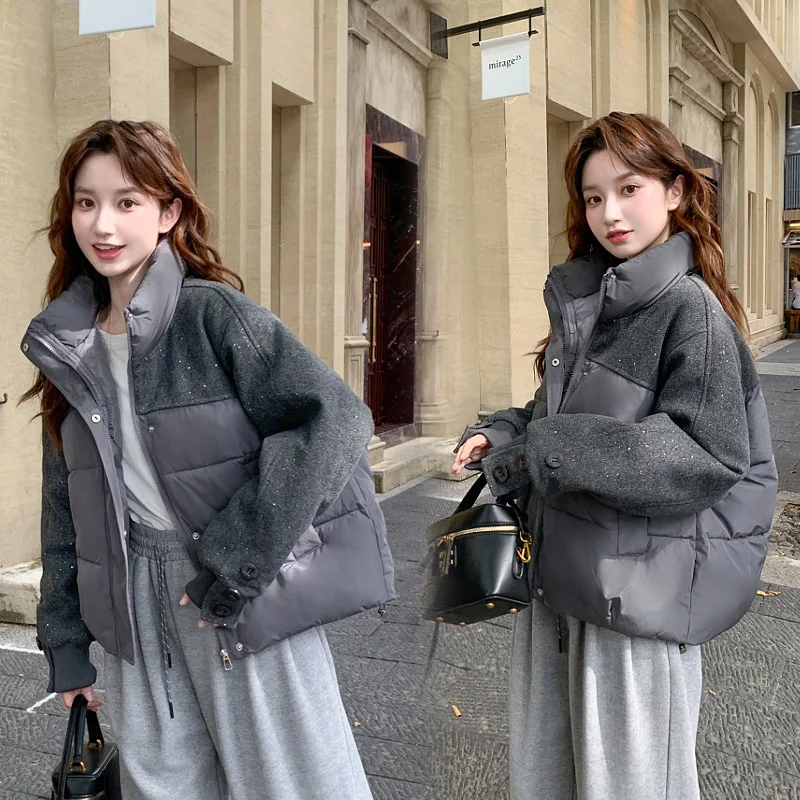Short Coats Parkas Women Stand Collar Zipper Jackets Sequins Thick Warm Y2k Streetwear Elegant Jacket Work Autumn Winter 2025
