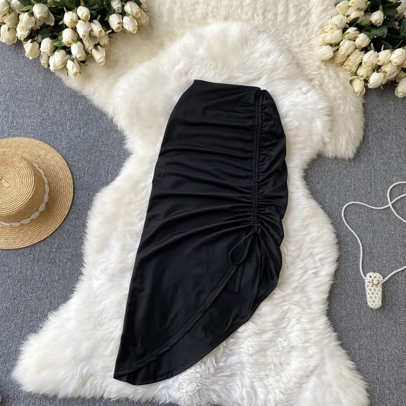 Retro Sle Vita alta f Gonna corpo Design unico Senso fessura Dstring Gonna aderente a pieghe Nuovo 2024 Colore di media lunghezza