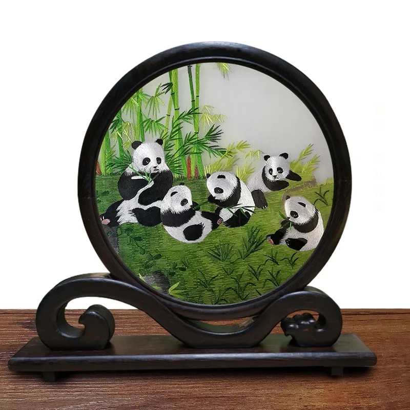 Shu Embroidery Double-Sided Panda Screen, Sichuan Souvenir Handmade Silk Gift