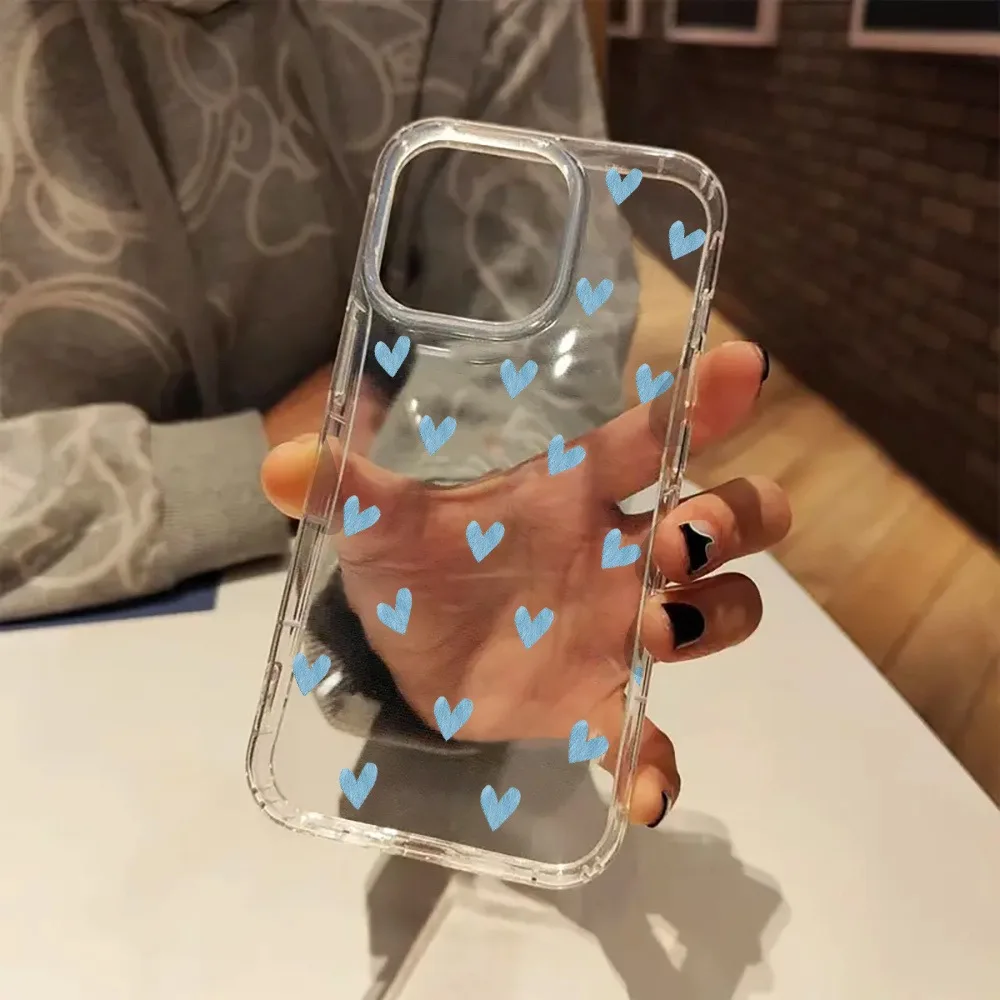 

Blue Heart Pattern Preppy Aesthetic Clear Phone Case for Iphone 17 16 11 15 14 13 12 Pro Max XS XR 7 8 Plus 16 Transparent Cover