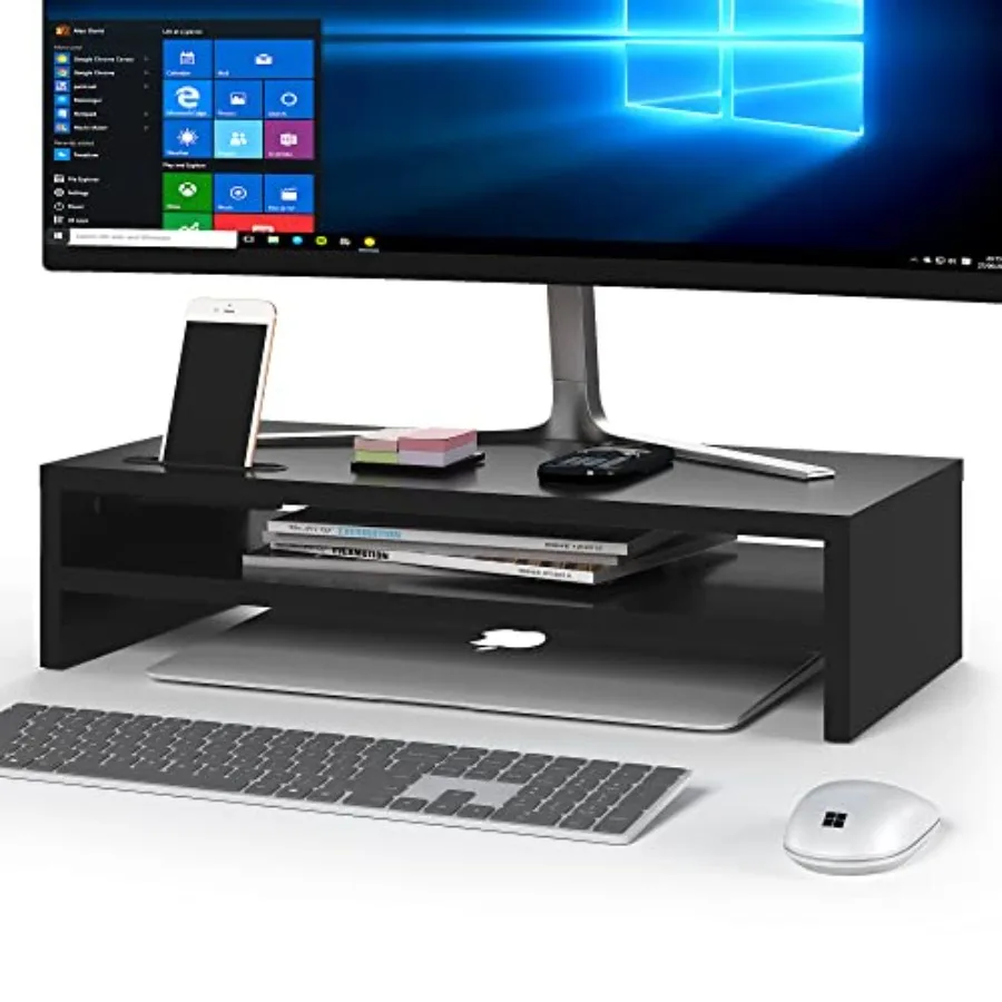 Wood Monitor Stand Riser 2-Tier Desktop Organizer with Storage Ergonomic Computer Stand for Desk Cable Management Cellphone Hol